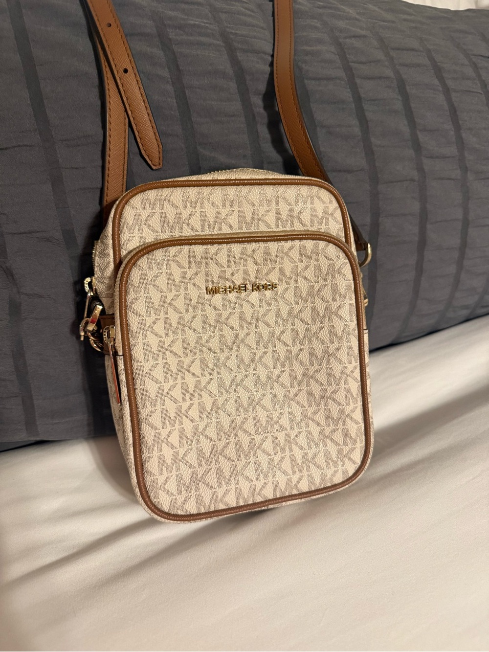 Michael Kors Cream Signature MK Crossbody with Brown Trim